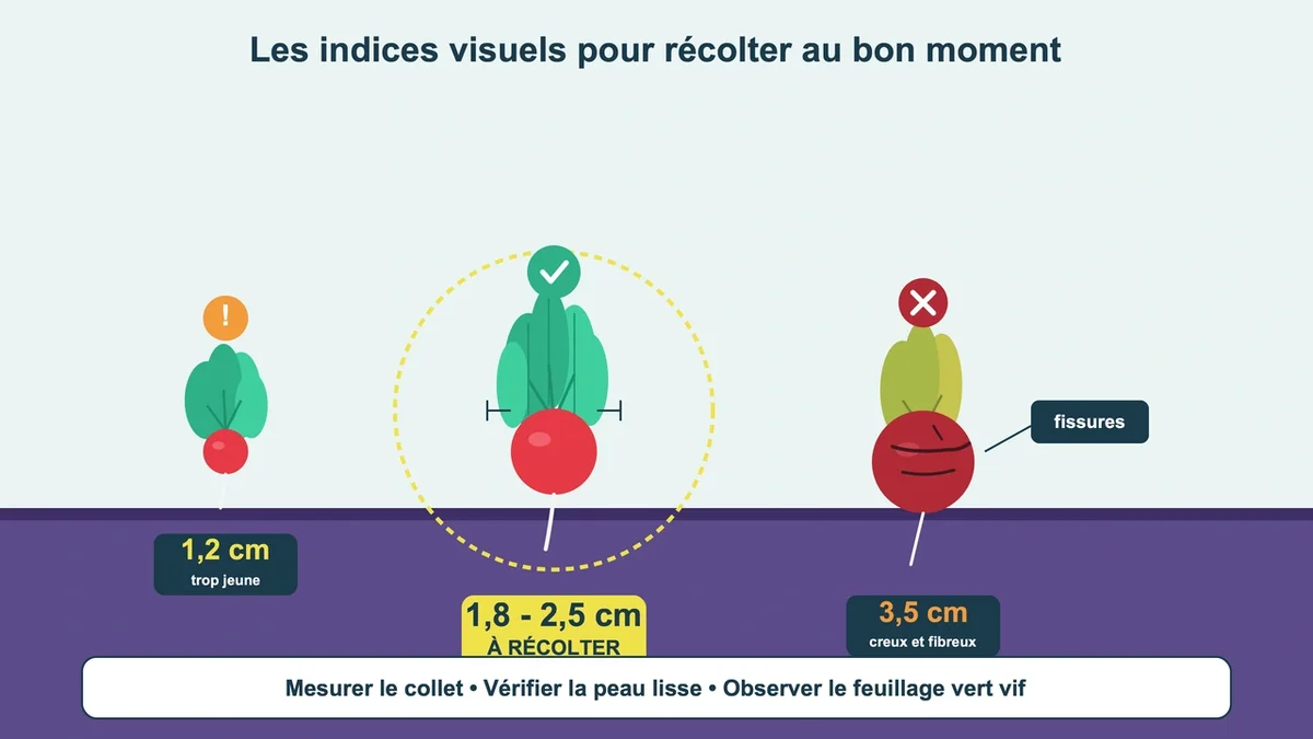 Radis de tailles variées dans un potager, montrant feuillage vert et signe de maturité sur la peau