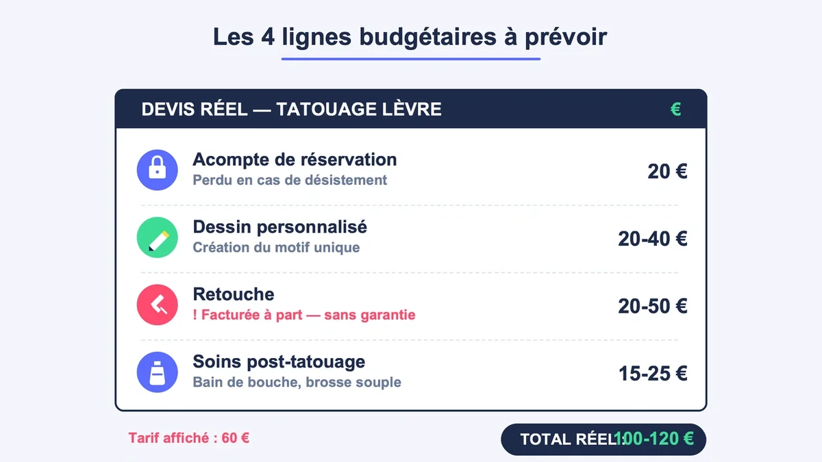 Schéma des lignes budgétaires pour un tatouage lèvre intérieur avec icônes explicatives