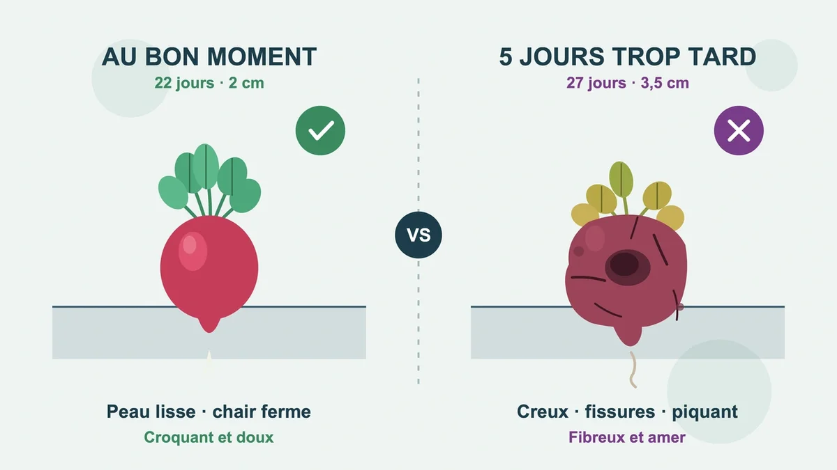Radis en croissance avec un côté lisse et un côté déformé illustrant le bon et le mauvais moment de récolte