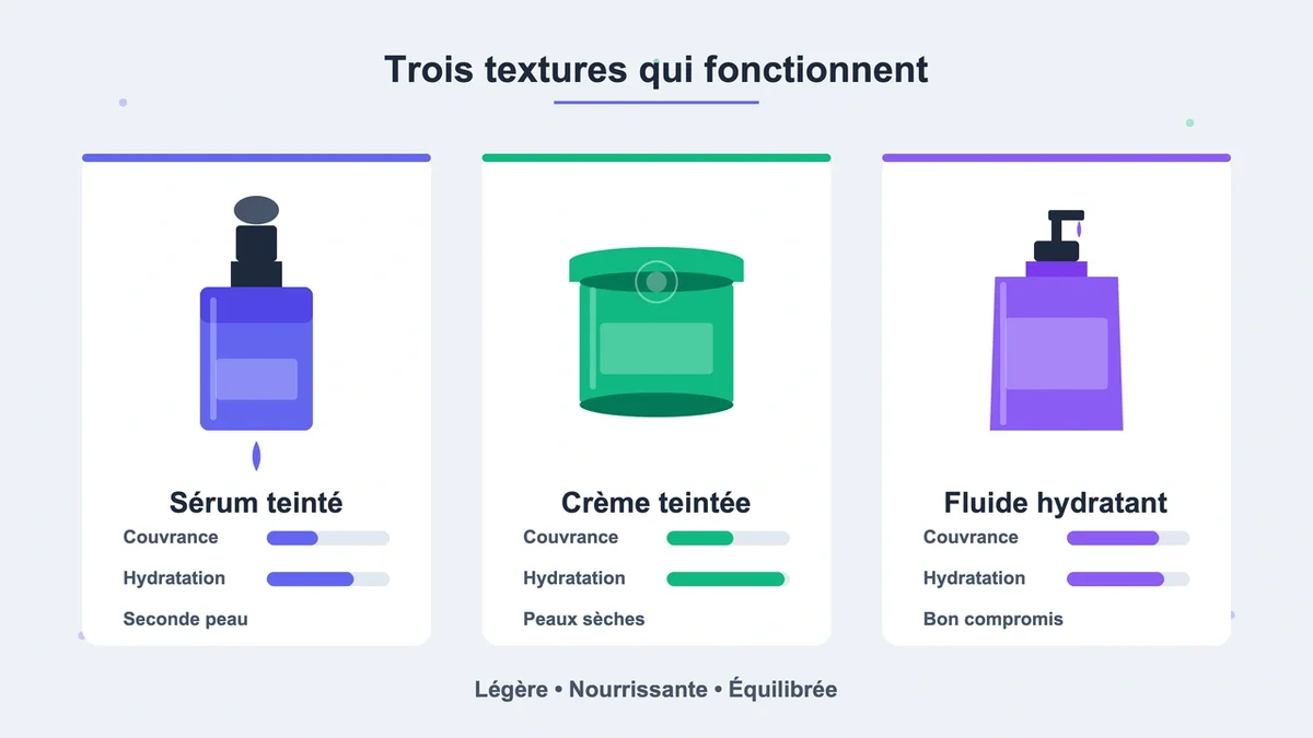 Pictogrammes représentant différentes textures de fonds de teint pour peaux matures avec leurs caractéristiques