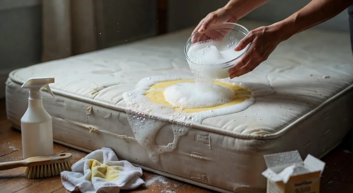 Personne nettoyant une tache jaune sur un matelas avec un mélange d'eau oxygénée et de bicarbonate