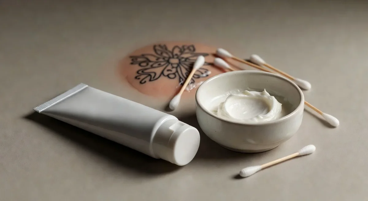 Tube de Bepanthen onguent avec pot de crème sur fond neutre, illustrant le soin des tatouages