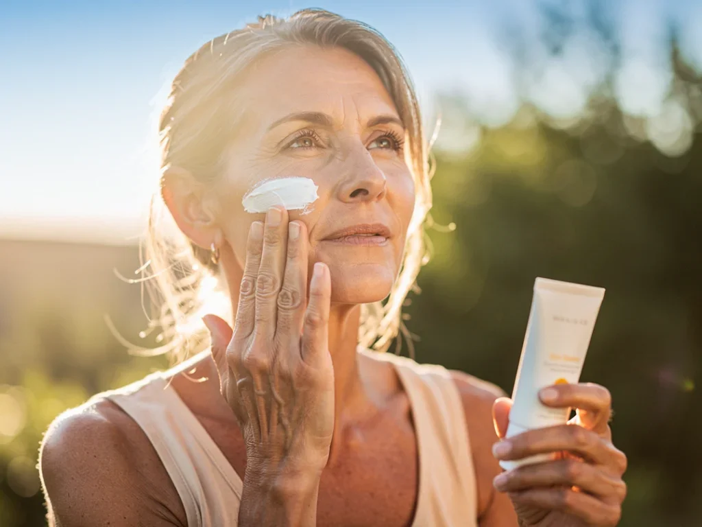 Femme appliquant de la crème solaire sur son visage en plein air, soulignant l'importance de la protection solaire