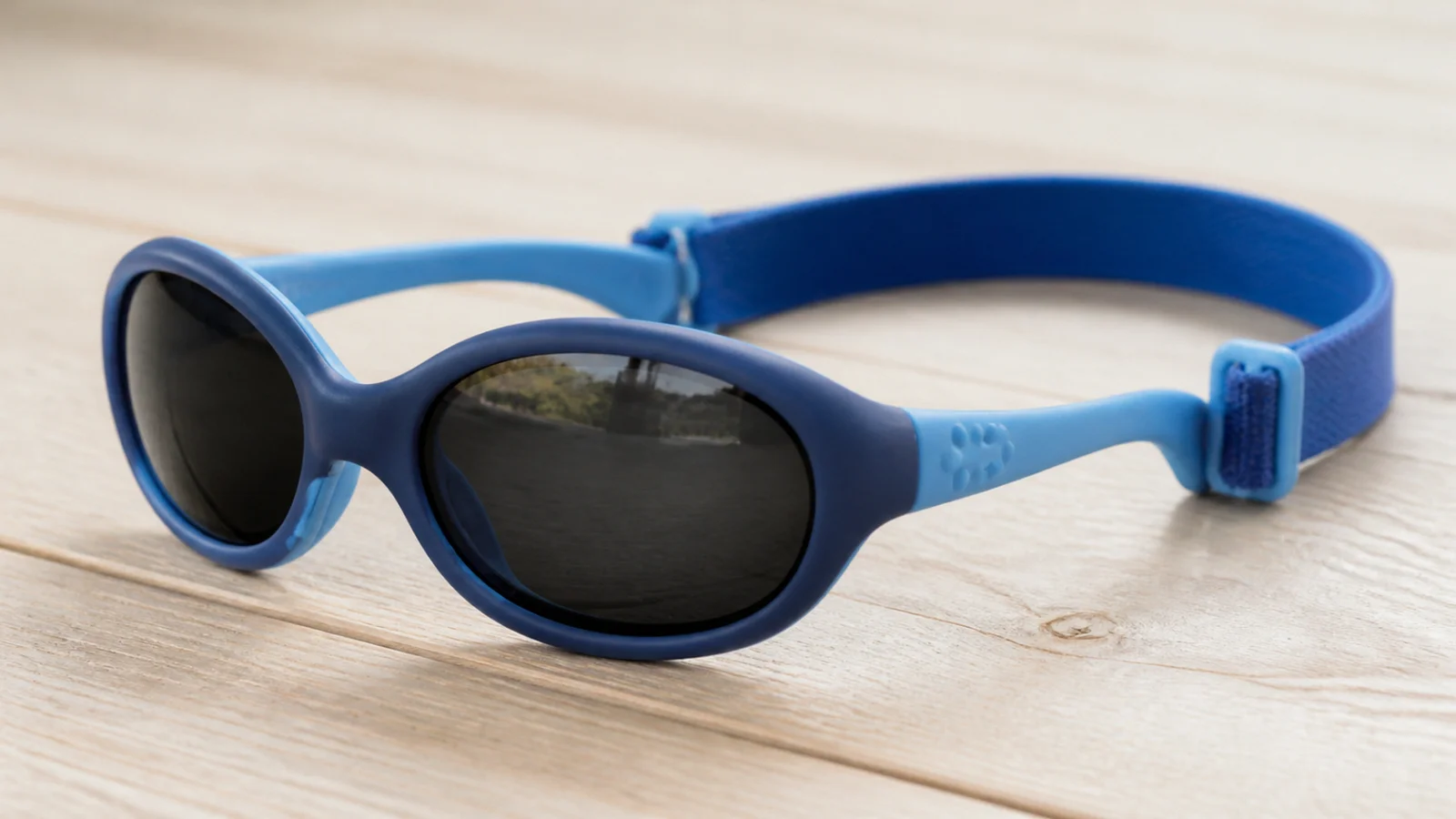 Gros plan sur une monture de lunettes de soleil d'enfant à branches souples et tour de tête élastique