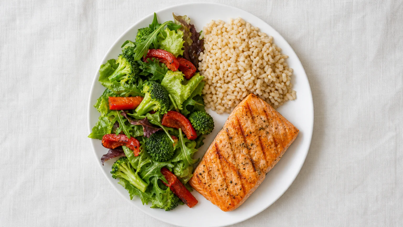 Assiette partagée en moitié légumes, quart féculents et quart protéines